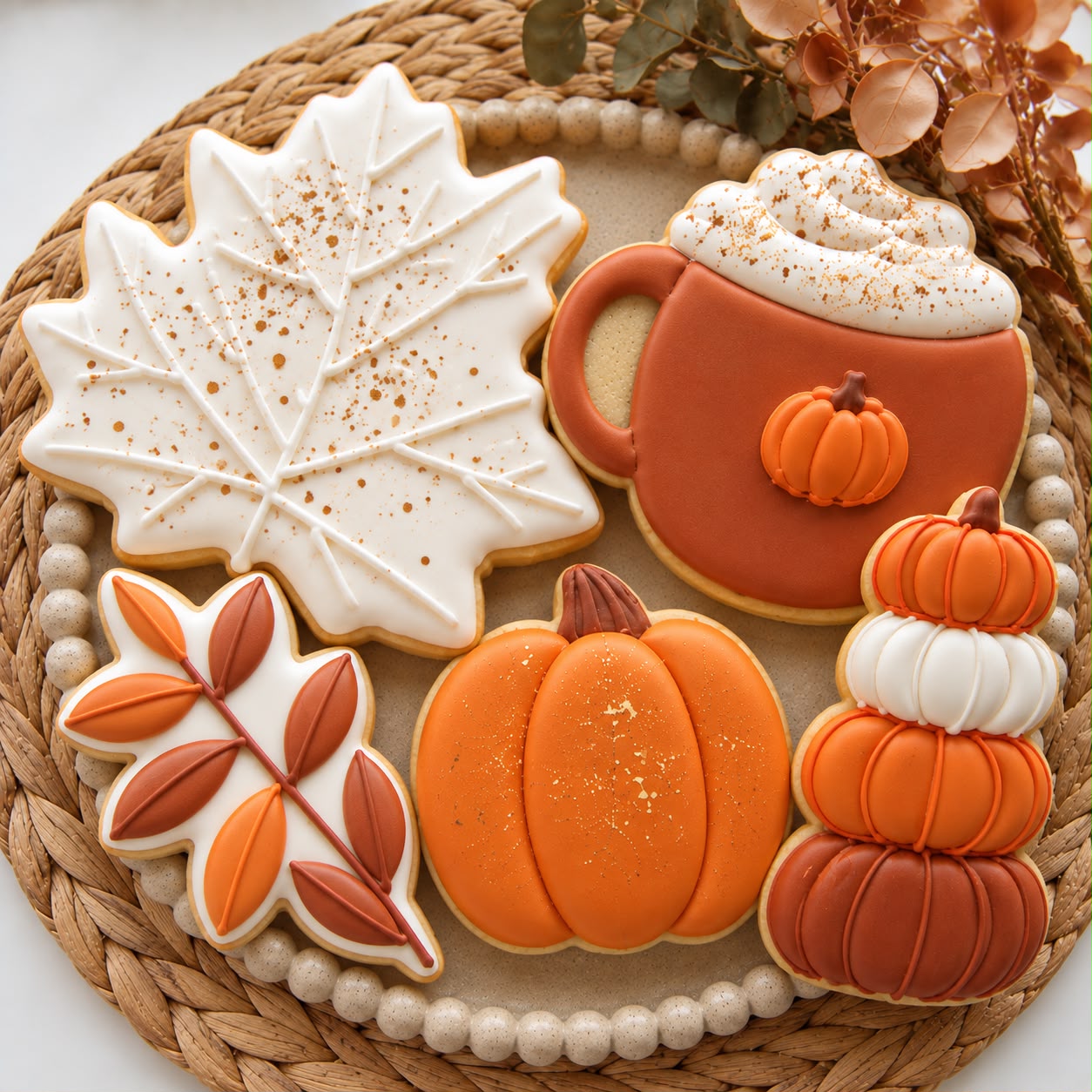 Assortiment de biscuits d’automne décorés à la main : feuilles d’érable, citrouilles et tasses sur un set en fibre naturelle