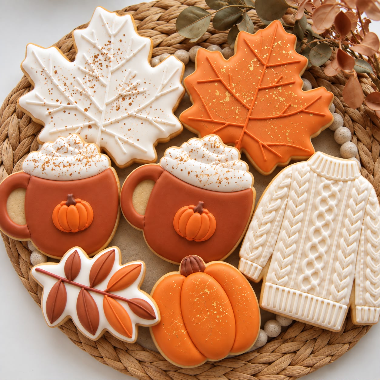 Assortiment de biscuits d’automne décorés à la main : feuilles d’érable, citrouilles et tasses sur un set en fibre naturelle