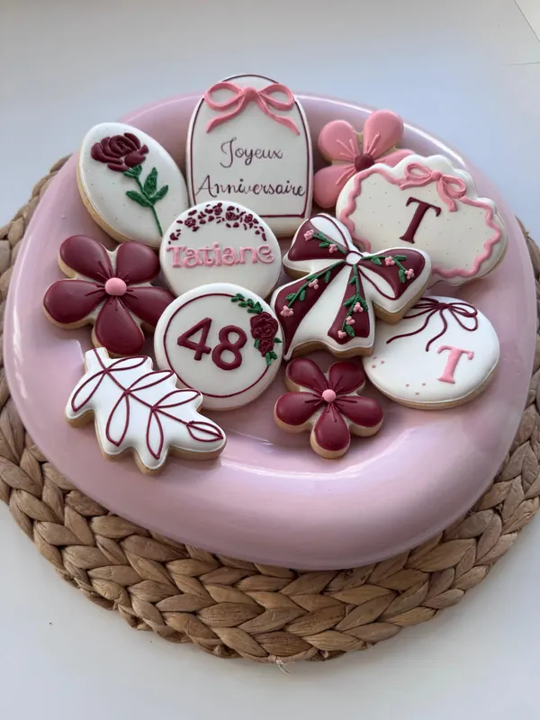 Biscuits d’anniversaire floraux : fleurs en relief, initiale et âge dans des tons rose et bordeaux