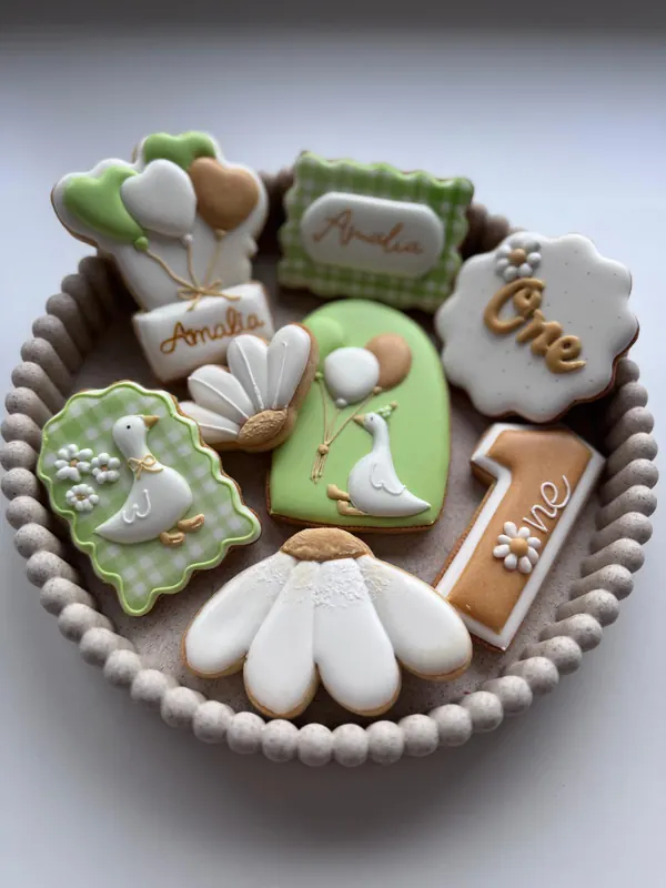 Biscuits personnalisés thème petite oie sur fond vichy, tons naturels