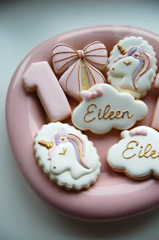 Biscuits décorés thème licorne, rose poudré, lilas et touches dorées